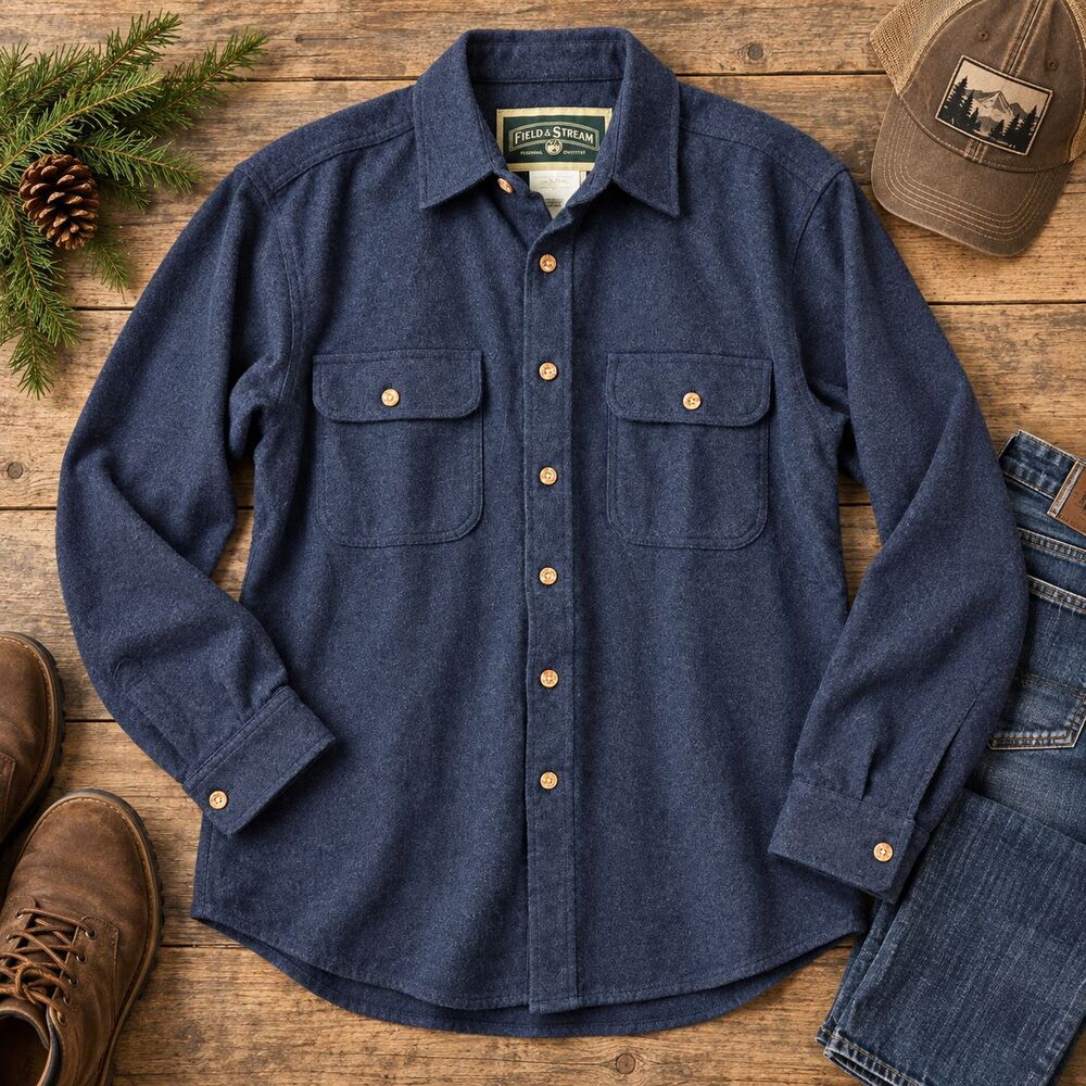 Field & Stream Men’s Heavyweight Flannel Shirt Blue 100% Cotton Outdoor Size M